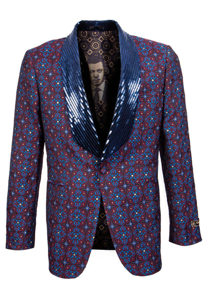 Men's Morrocan Print Tuxedo Jacket with Sequin Lapel in Blue & Red