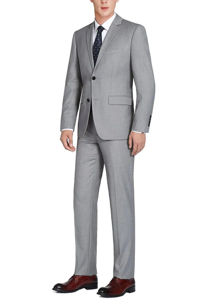 Mens Basic Two Button Slim Fit Wool Suit with Optional Vest in Light Grey