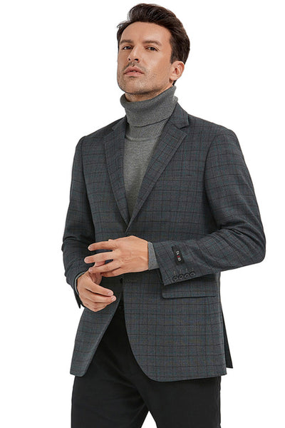 Men's Slim Fit 2 Button Sport Coat Blazer in Charcoal Grey Mini Window Pane