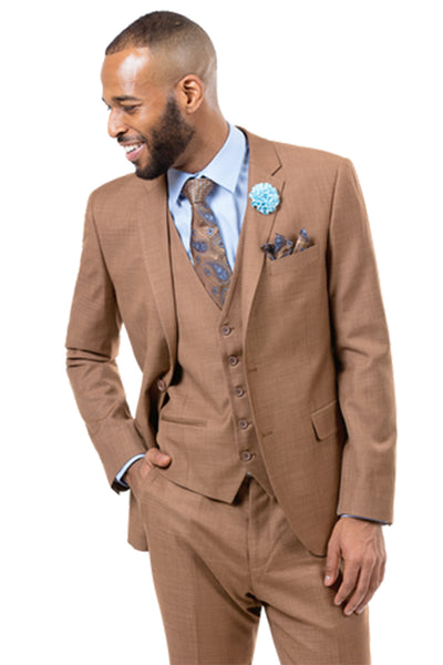 Mens Two Button Vested Sharkskin Weave Business Suit in Rust Brown