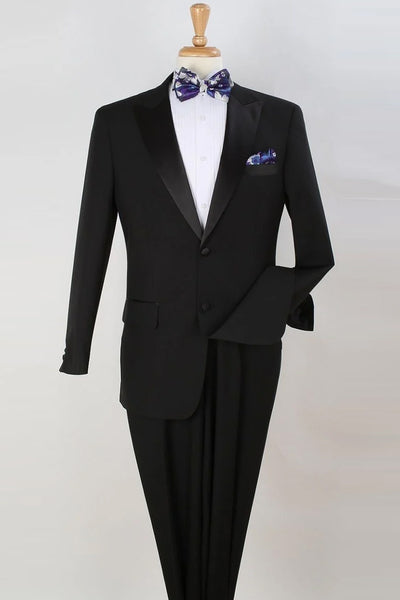 Mens 2 Button Classic Fit Pleated Pant Peak Lapel Tuxedo in Black