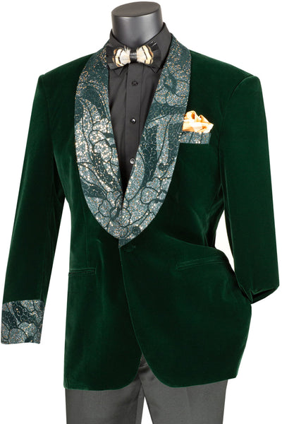 Mens Velvet Prom Smoking Jacket with Fancy Paisley Glitter Lapel and Cuff in Emerald Hunter Green