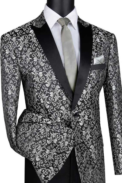 Mens Paisley Embroidered Regular Fit Sport Coat Tuxedon in Silver Grey