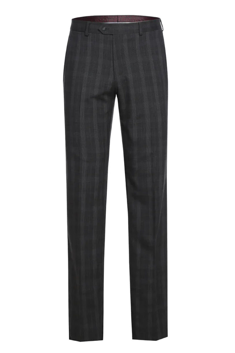 Mens Designer Two Button Slim Fit Notch Lapel Suit in Dark Charcoal Grey Windowpane Plaid