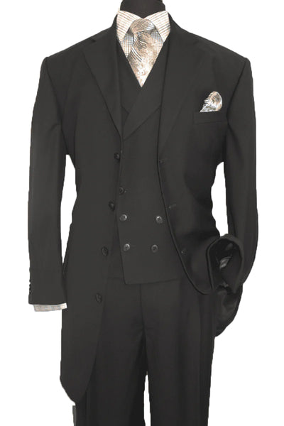 Mens 4 Button Fashion Suit with Double Breasted Vest in Black
