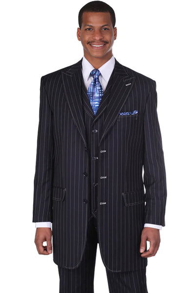 Mens Vintage Vested Gangster Bold Pinstripe Fashion Suit in Navy Blue