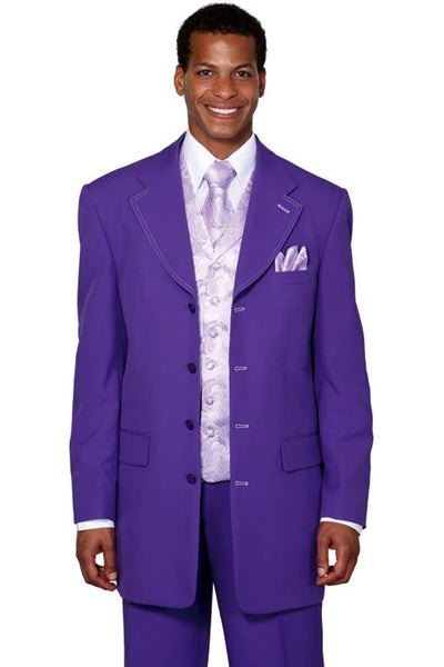 Mens 4 Button Long Vested Fashion Suit in Purple with Paisley Vest