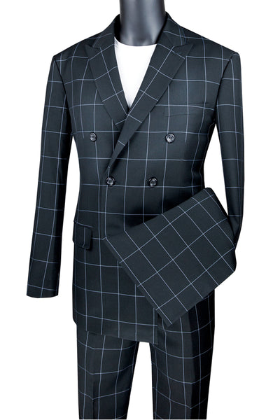 Mens Double Breasted Bold Windowpane Plaid Suit in Black