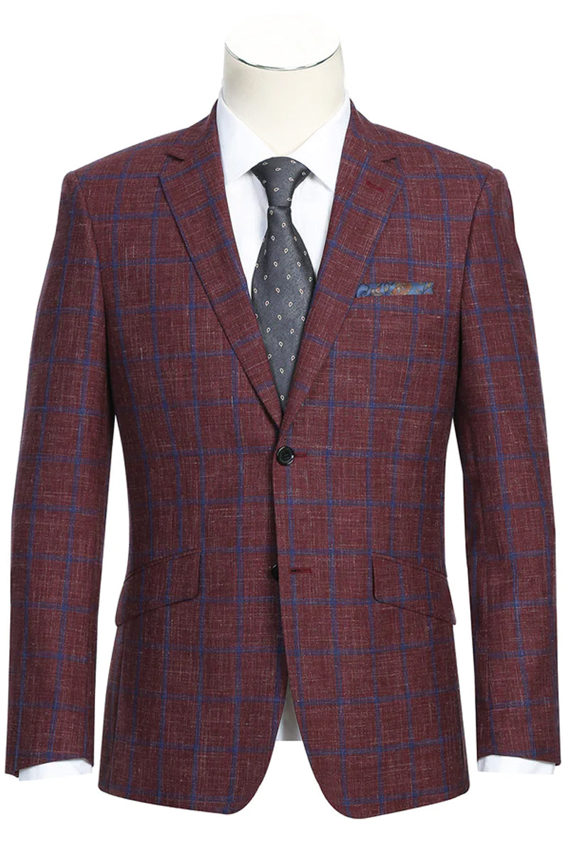 Mens Slim Fit Two Button Wool Sport Coat Blazer in Burgundy & Blue Windowpane Plaid