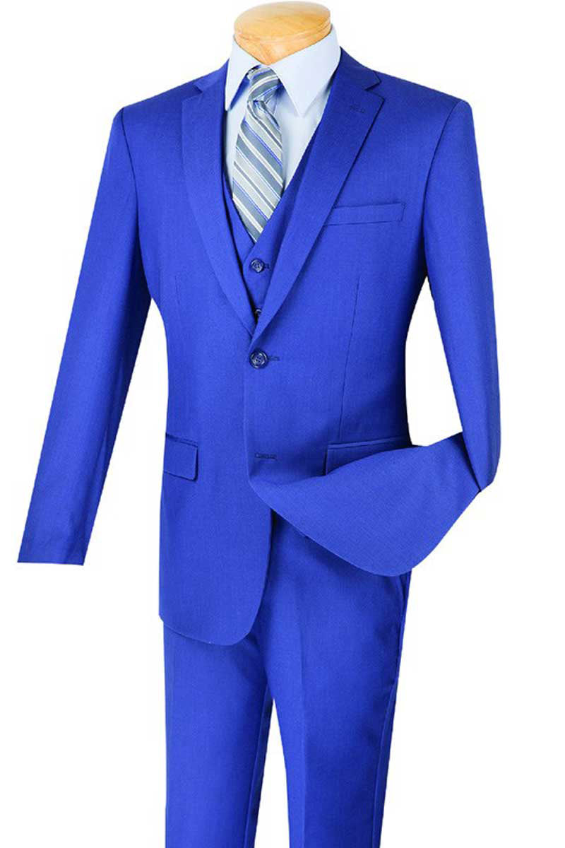 Mens Basic 2 Button Vested Slim Fit Suit in Blue