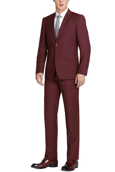 Mens Basic Two Button Slim Fit Suit with Optional Vest in Burgundy