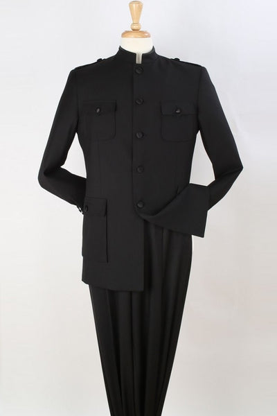 Mens Five Button Military Insired Mandarin Banded Safari Suit in Black