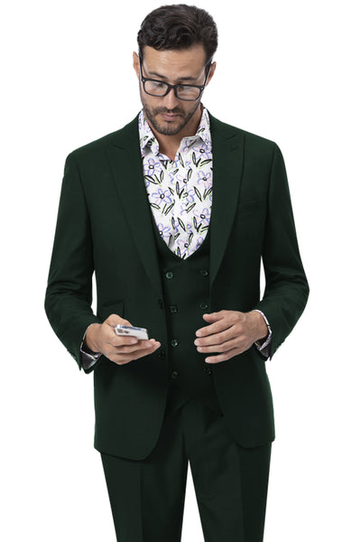 Mens Modern Two Button Vested Peak Lapel Suit with Double Breasted Vest in Hunter Green