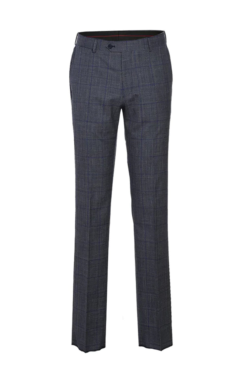 Mens Designer Two Button Slim Fit Peak Lapel Wool Suit in Grey & Blue Windowpane Plaid Check