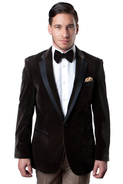 Men's One Button Velvet Tuxedo Blazer in Brown with Black Satin Trim