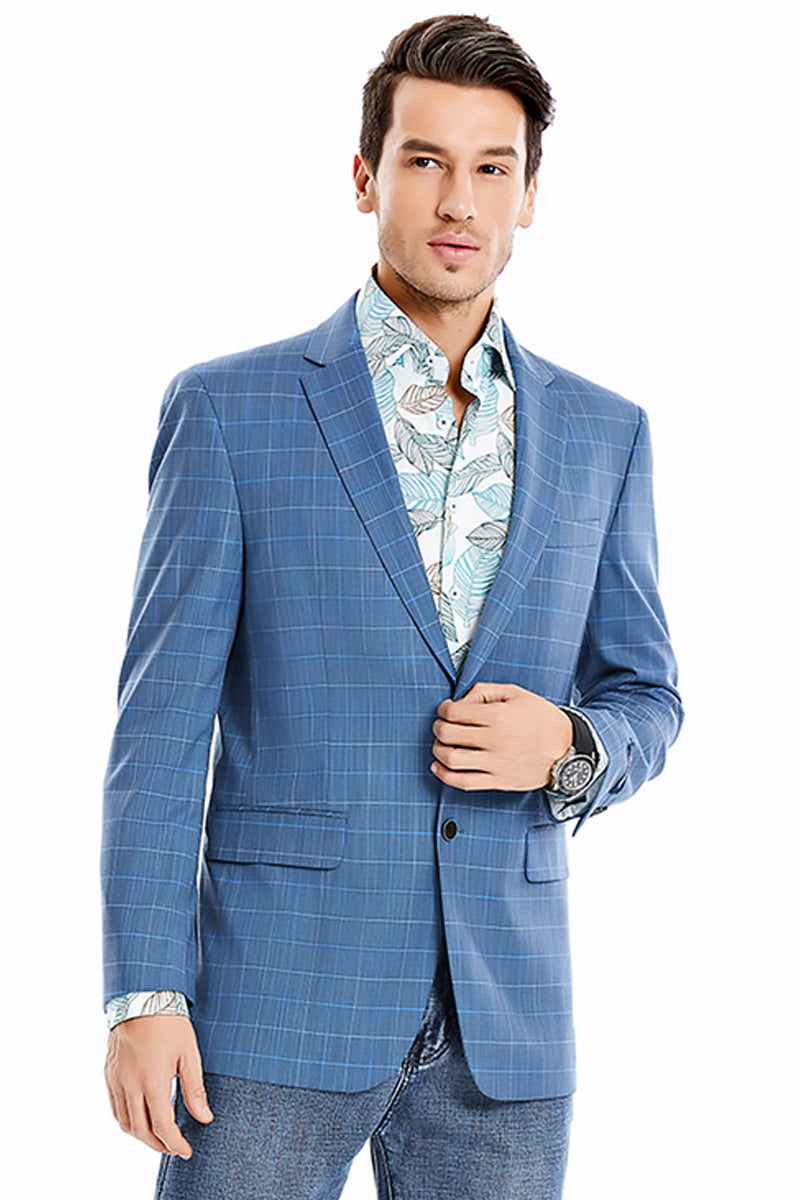 Men's Two Button Regular Fit Windowpane Plaid Sport Coat Blazer in Blue