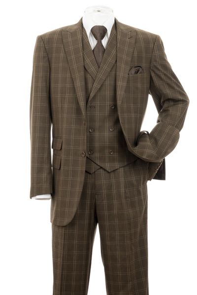 Mens 2 Button Double Breasted Vest Suit in Brown Windopane Plaid