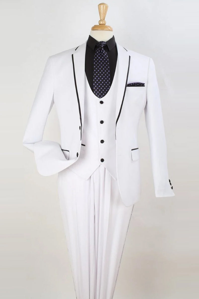 Mens Two Button Clim Fit Vested Prom Tuxedo Suit with Trim in White