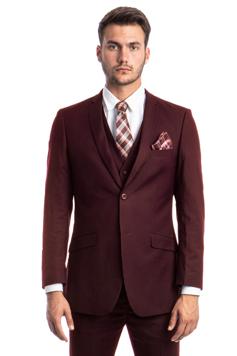 Men's Two Button Slim Fit Basic Vested Wedding Suit in Burgundy