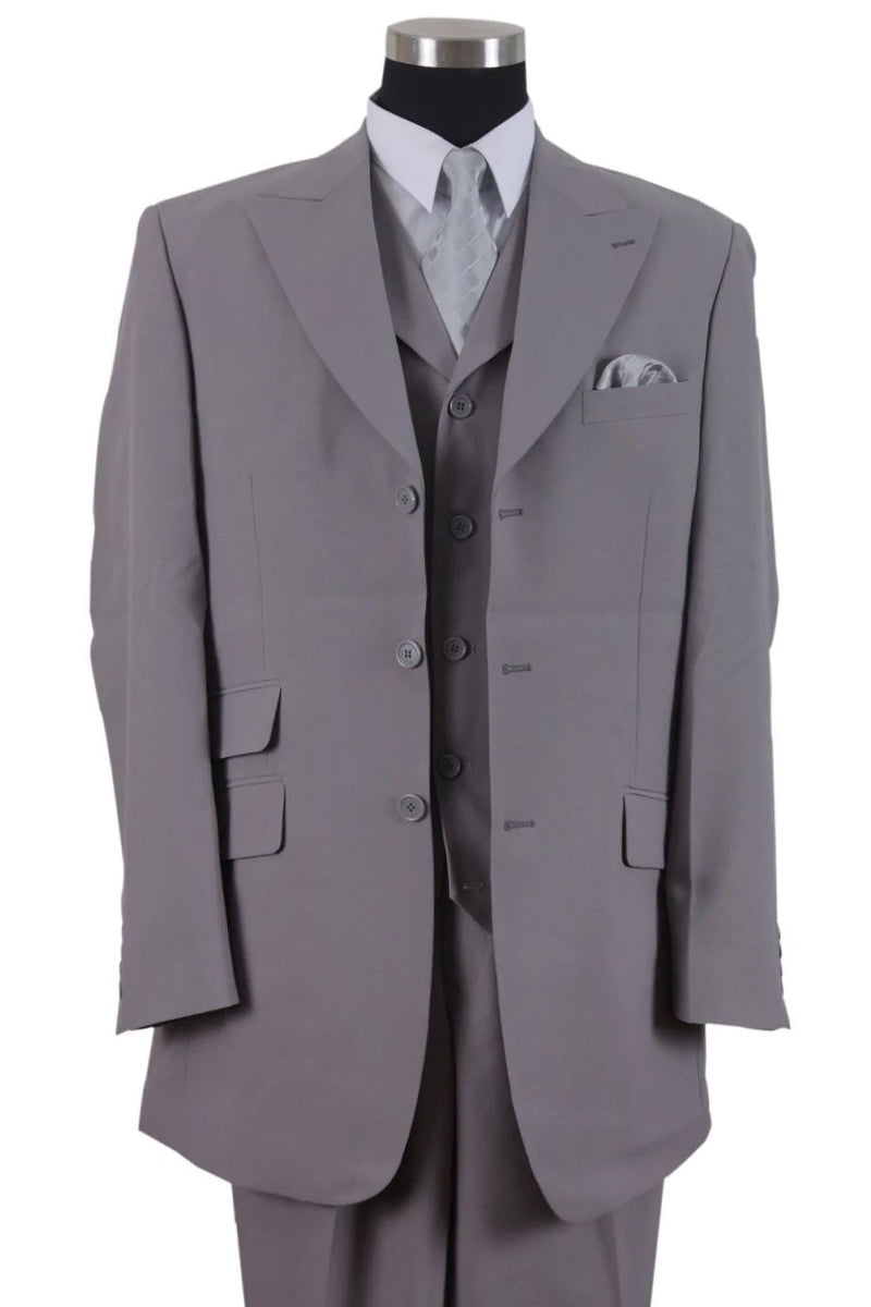 Mens 3 Button Vested Wide Peak Lapel Fashion Suit in Grey