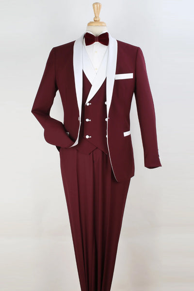 Mens One button Double Breasted Vest Shawl Tuxedo in Burgundy & White