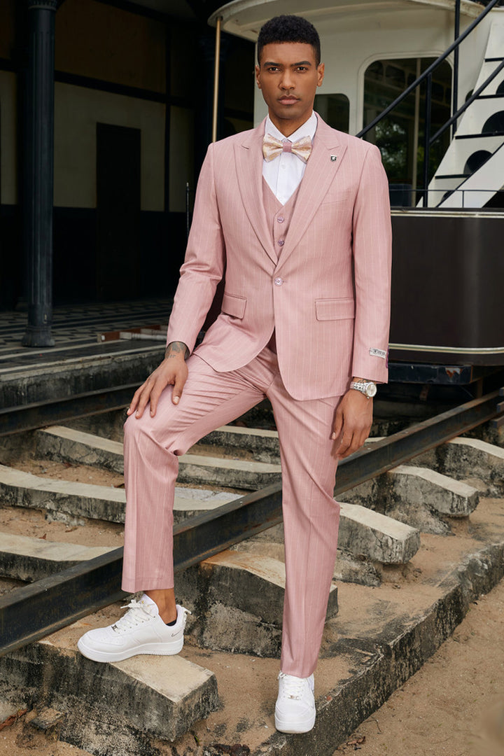 pink suit dress Men's Stacy Adam's One Button Vested Modern Suit in Rose Pink Pinstripe, 52 Regular / Rose