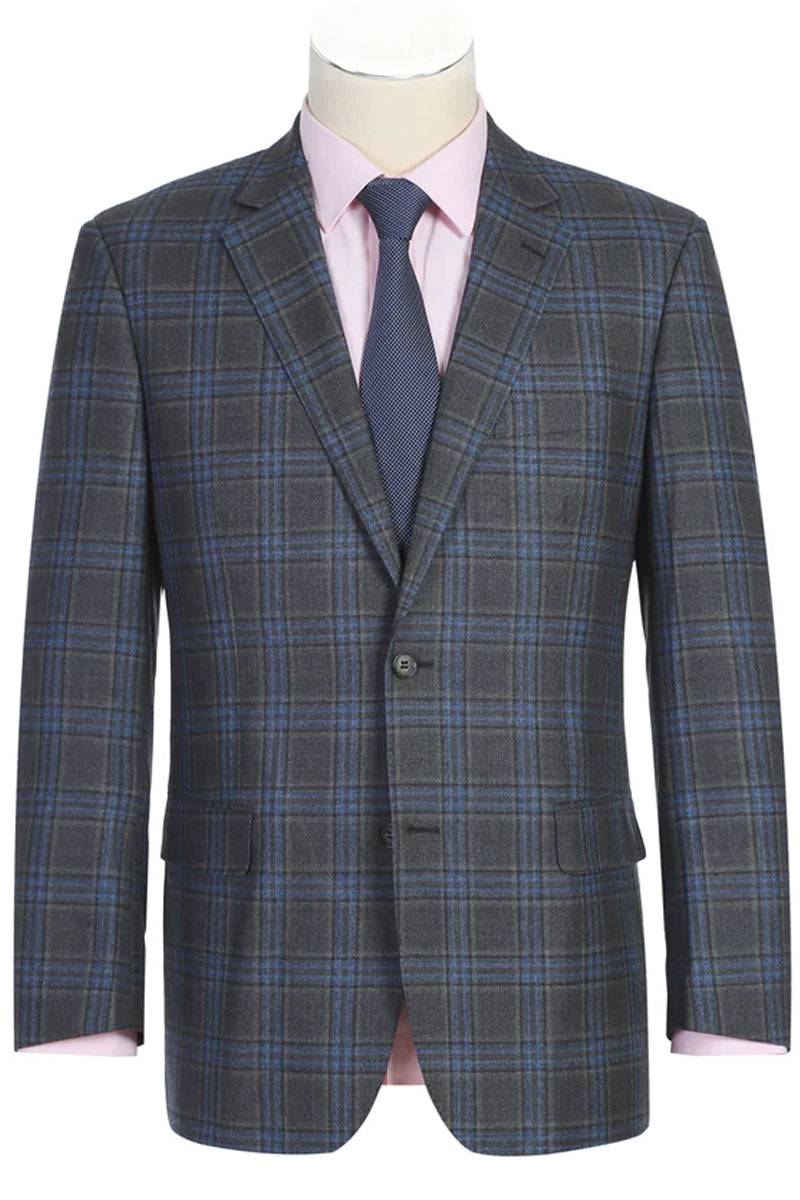 Mens Two Button Classic Fit Vested Wool Suit in Grey & Blue Windowpane Plaid