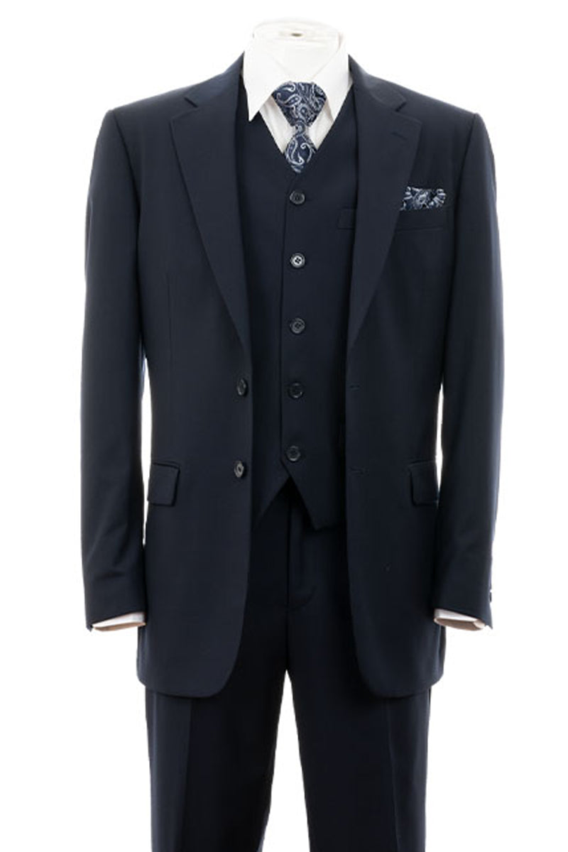 Mens Modern Fit 2 Button Vested Basic Suit in Navy Blue