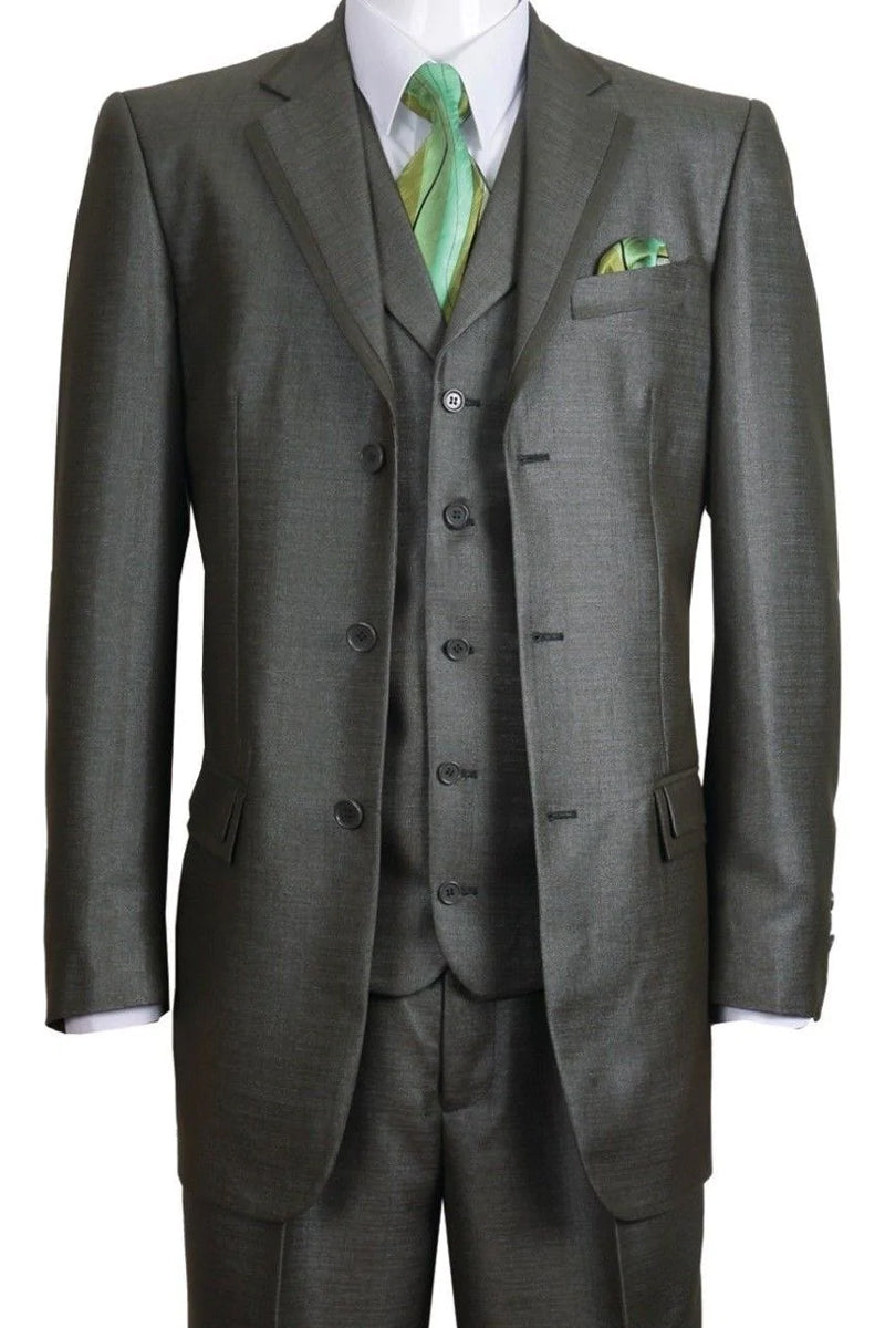 Mens 3 Button Vested Textured Shiny Sharkskin Church Suit in Olive Gre ...