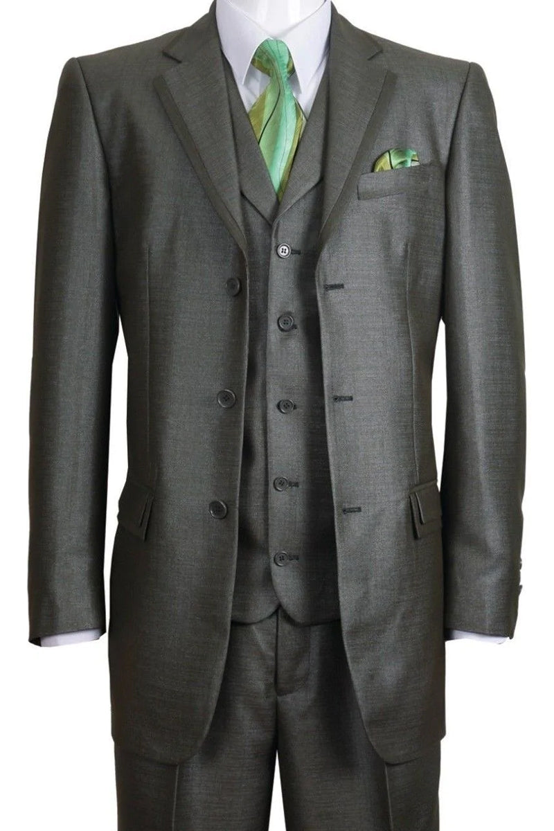 Mens 3 Button Vested Textured Shiny Sharkskin Church Suit in Olive Green