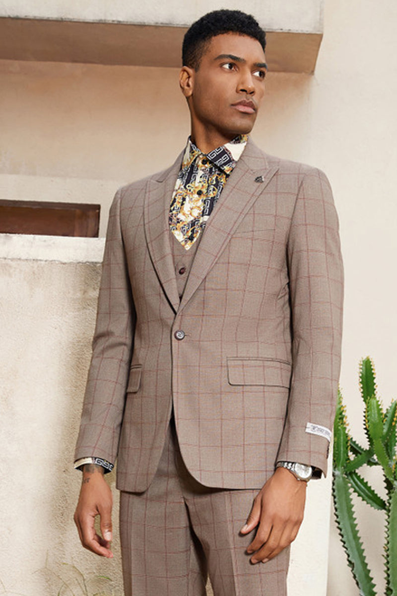 Men's Stacy Adam's One Button Windowpane Plaid Suit with Reversible Vest in Light Brown