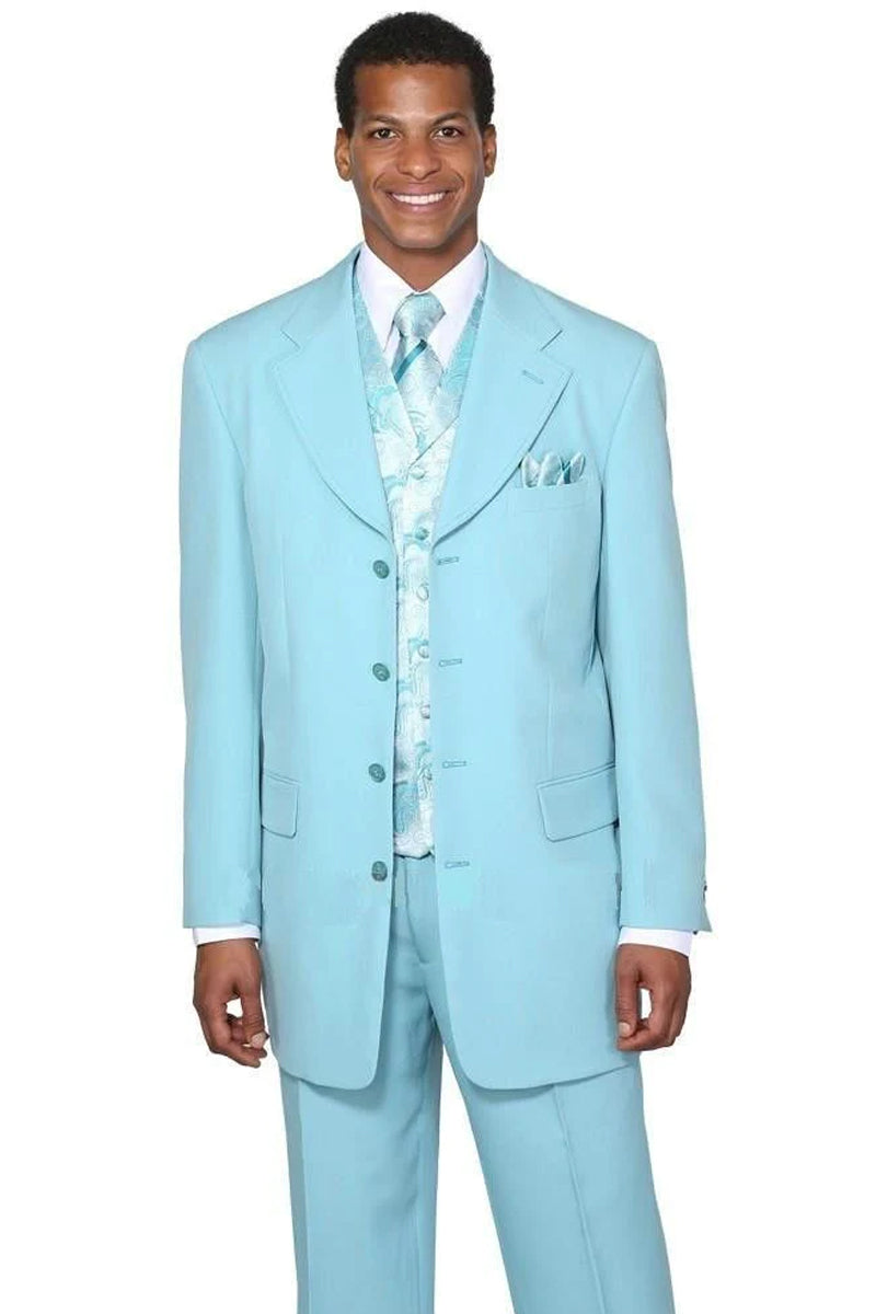 Mens 4 Button Long Vested Fashion Suit in Sky Blue with Paisley Vest