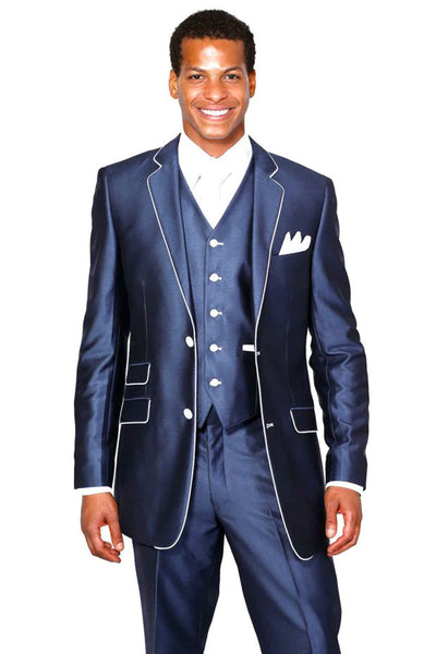 Mens Vested Slim Fit Shiny Sharkskin Tuxedo Suit in Navy Blue with White Piping