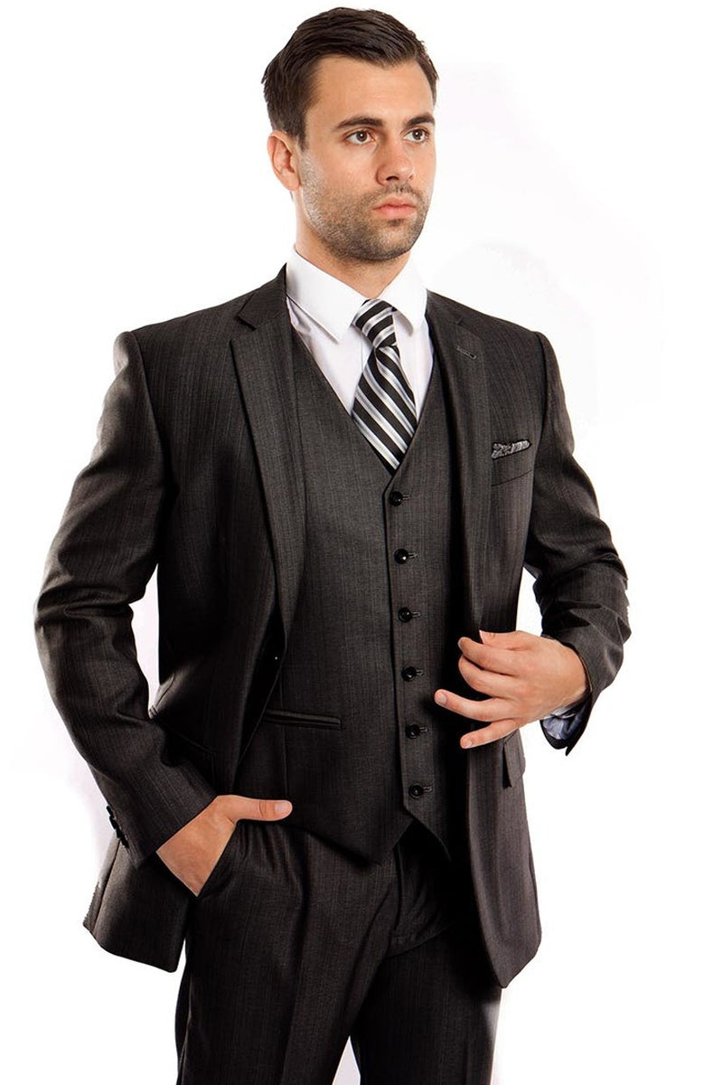 Men's Two Button Vested Textured Sharkskin Business Suit in Steel Navy