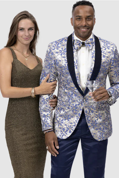 Mens Aqqua Blue and Gold Floral Paisley Pattern Prom Tuxedo Jacket