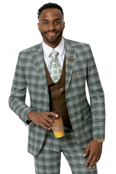 Mens Two Button Modern Fit Peak Lapel Double Breasted Vest Suit in Hunter Green Windowpane Plaid