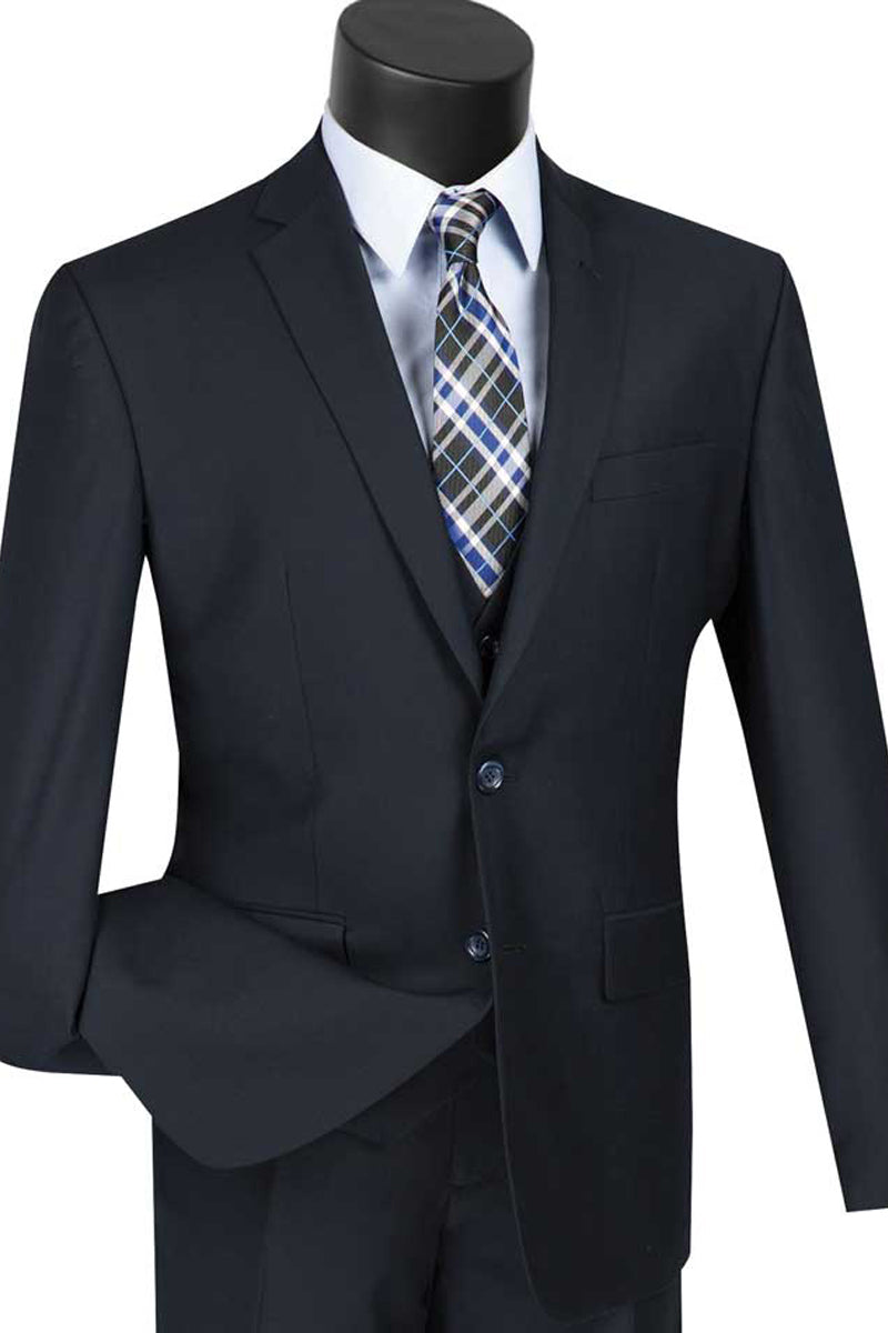 Mens Basic 2 Button Vested Slim Fit Suit in Navy Blue