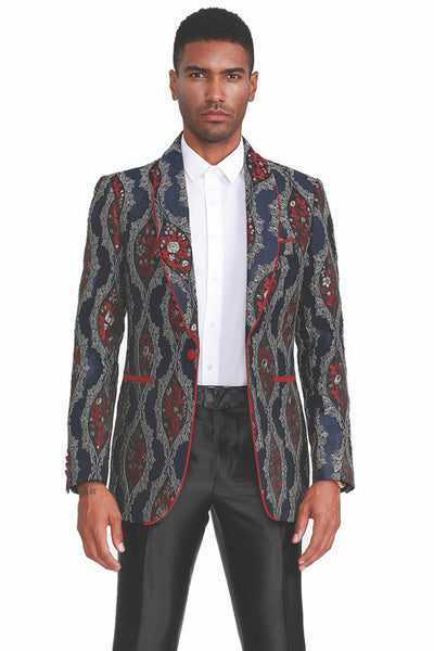 Men's Paisley Brocade Dinner Jacket in Navy with Red Piping