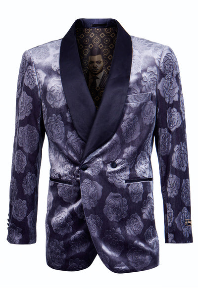 Men's Double Breasted Floral Rose Print Velvet Smoking Jacket in Blue