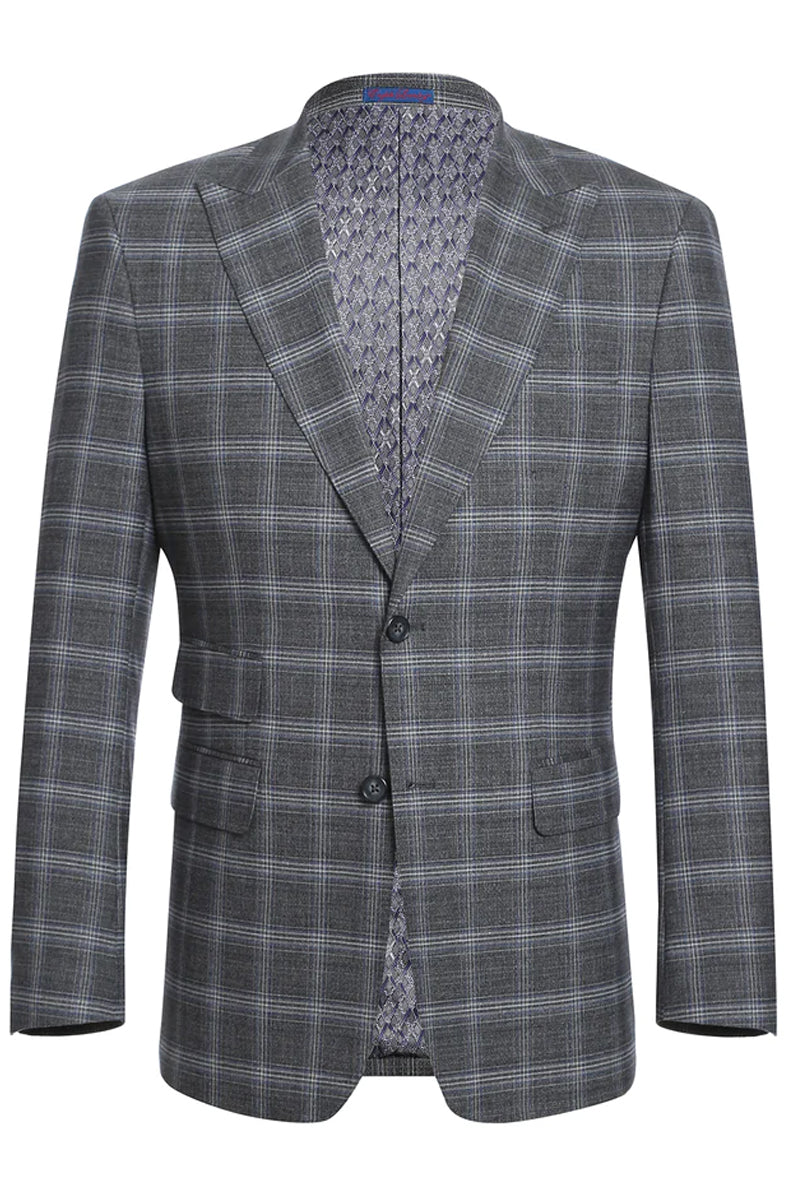 Mens English Laundry Two Button Slim Fit Peak Lapel Ticket Pocket Suit in Grey Blue Windowpane Plaid