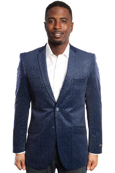 Men's Two Button Organic Pattern Velvet Blazer in Navy Blue