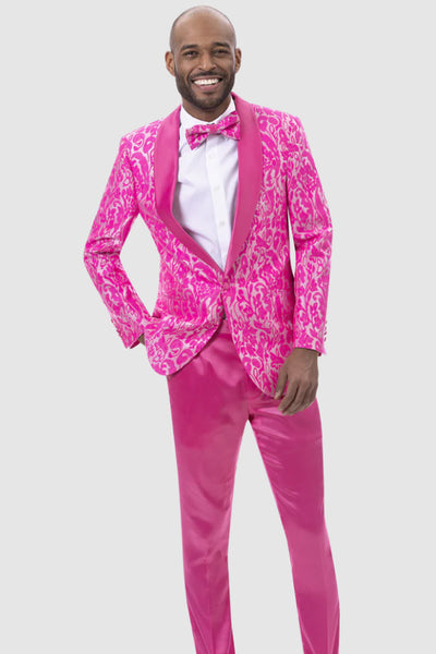 Mens Slim Fit Two Piece Brocade Paisely Prom Tuxedo in Hot Pink Fuschia