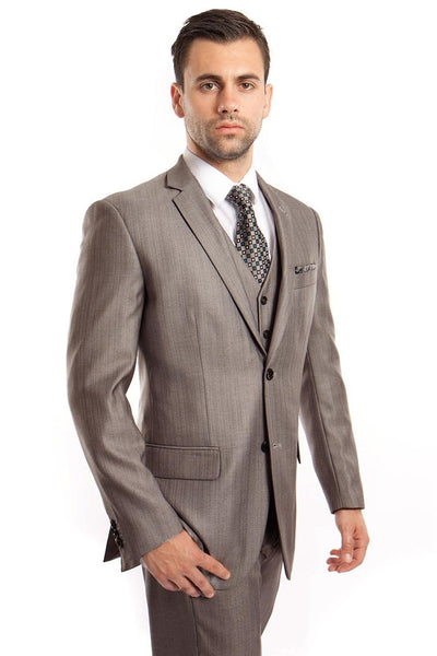 Men's Two Button Vested Textured Sharkskin Business Suit in Grey