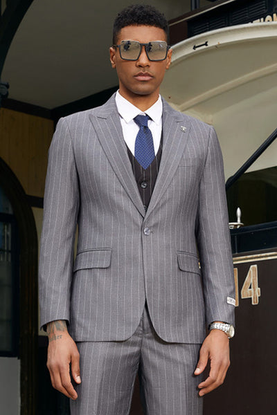 Men's Stacy Adam's One Button Vested Modern Suit in Grey Pinstripe