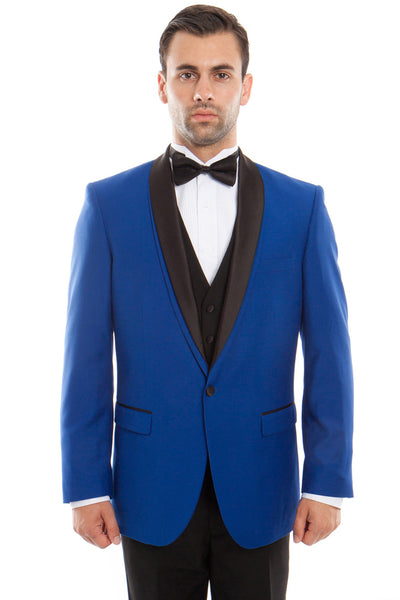 Men's One Button Vested Satin Trimmed Shawl Lapel Tuxedo in Royal Blue
