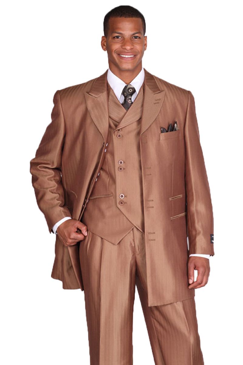 Mens Long Vested Fashion Tonal Herringbone Stripe Suit in Brown