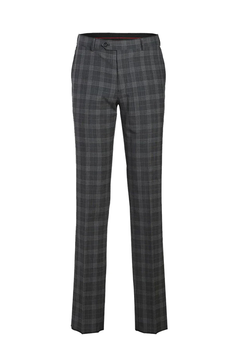 Mens Designer Two Button Slim Fit Peak Lapel Wool Suit in Grey Windowpane Plaid Check