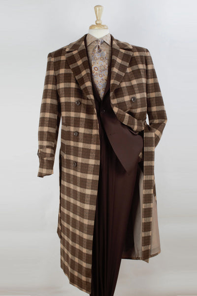 Mens Full Length Belted Double Breasted Wool Overcoat in Brown Windowpane