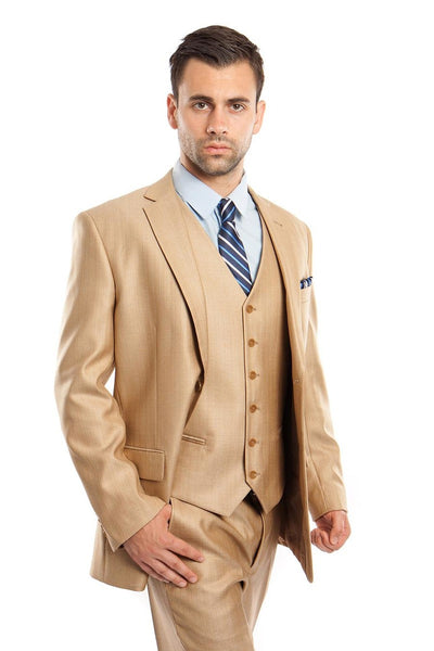 Men's Two Button Vested Textured Sharkskin Business Suit in Camel Wheat