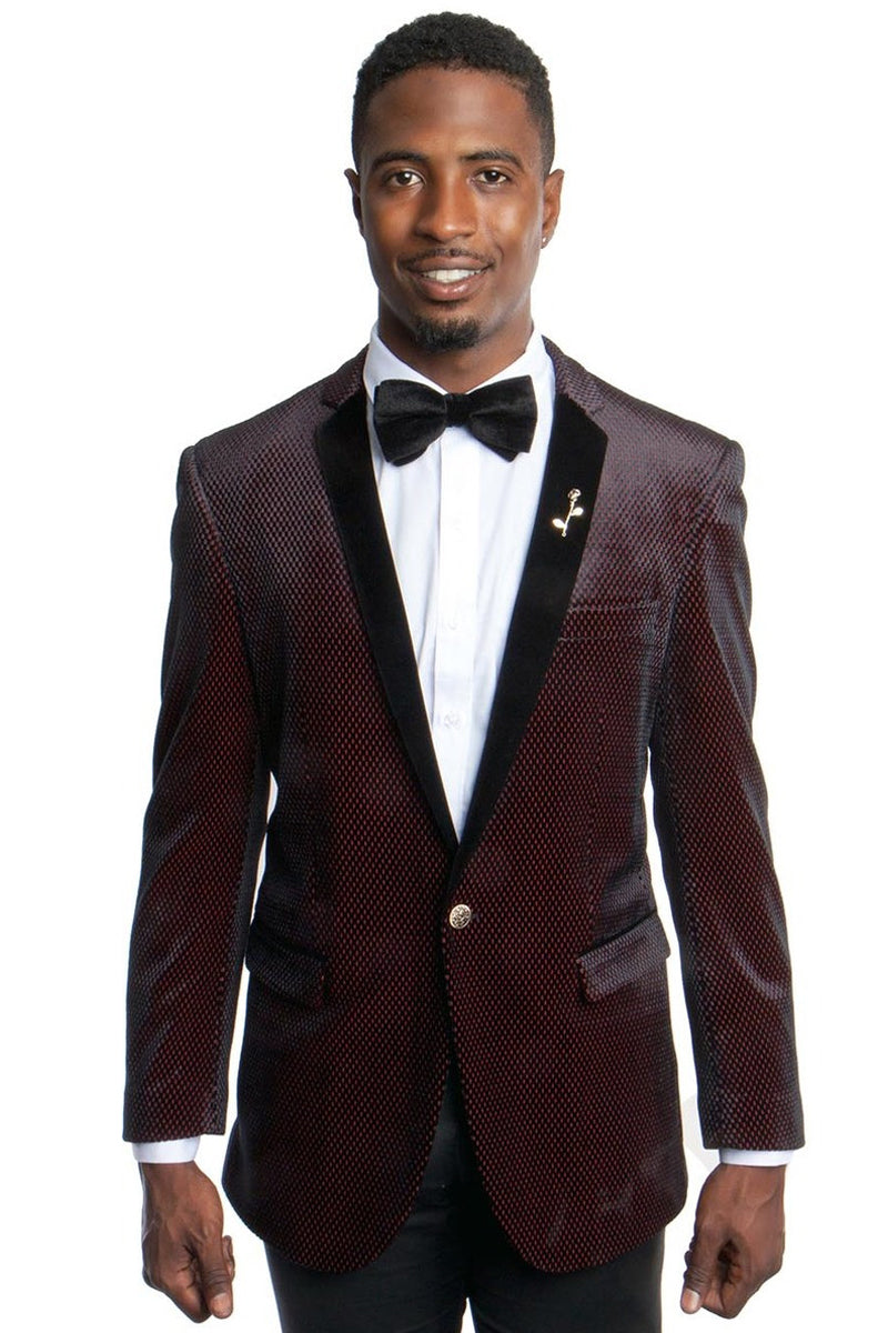 Men's One Button Textured Velvet Tuxedo Dinner Jacket in Black & Red